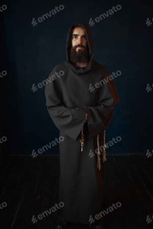 Preview: Monk in black robe with hood, religion