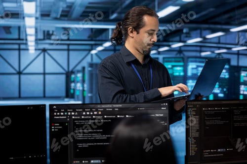 Preview: Engineer standing in data center, typing on laptop, doing yearly checkup