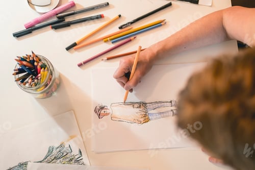 Preview: Top view of a fashion designer drawing a fashion sketch with colorful pencils