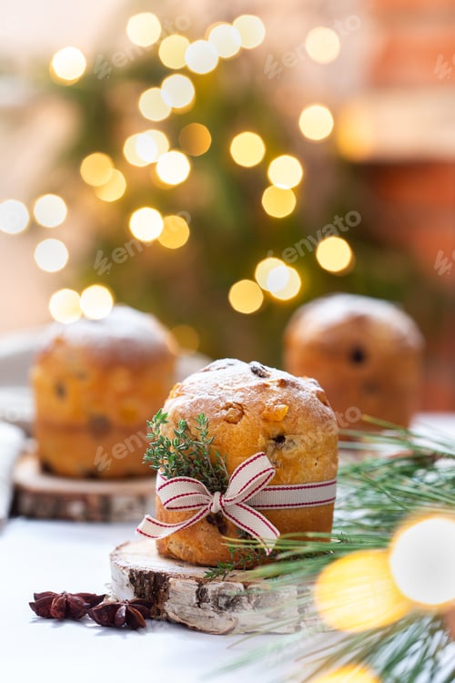 Preview: Traditional Italian Christmas cake Panettone with festive decorations