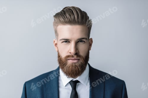Preview: Stylish handsome bearded businessman looking at camera isolated on grey