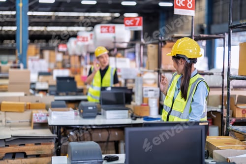 Preview: Worker working in the large depot storage warehouse concentrate check stock at cashier counter