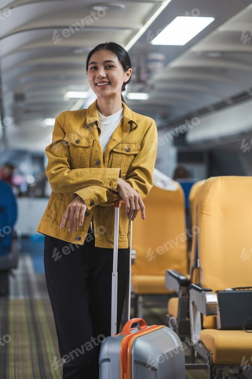 Preview: Airplane, travel and portrait of woman with journey and backpack.