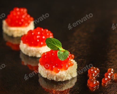 Preview: Red Caviar (Canape Or Sandwich With Red Snack) Salmon Fish, Seafood. Food Background. Top View