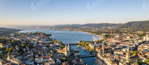 Preview: Aerial drone shot flying above Lake Zurich, Switzerland in sunny day.
