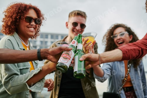 Preview: Group of young happy multicultural people clinking with beer and cocktails