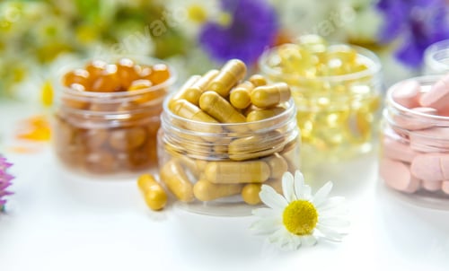 Preview: Homeopathy and dietary supplements from medicinal herbs. Selective focus.