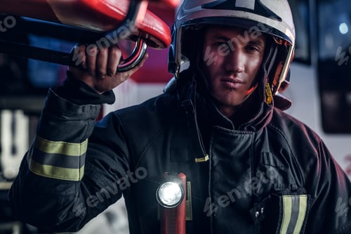 Preview: Fireman wearing protective uniform standing next to a fire engine in a garage of a fire department