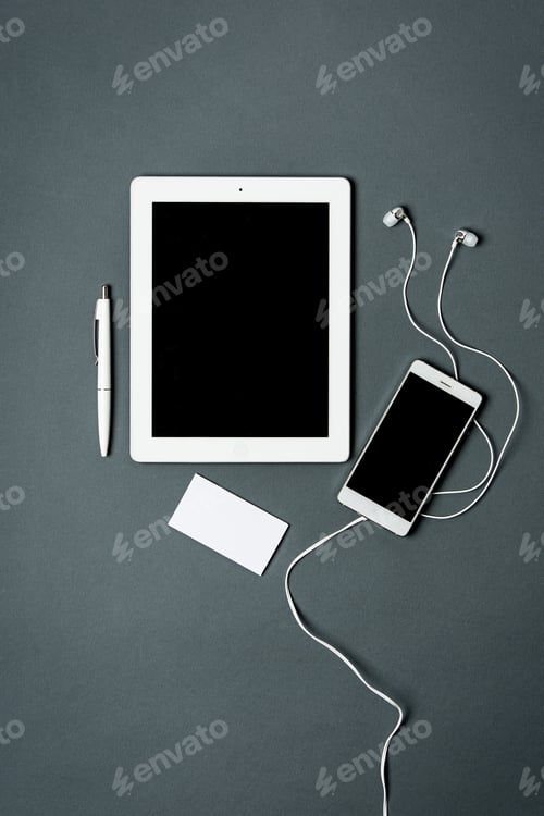Preview: Mock-up business template with phone, tablet. Gray background.