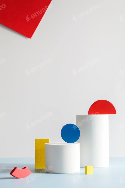 Preview: Abstract composition of red and yellow, blue geometric shape on white background. art and design