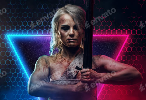 Preview: Grimy and bandaged woman fighter with closed eyes and sword