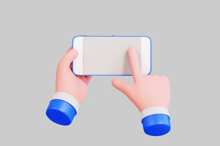 Preview: Hands holding smartphone with blank screen and blue wristbands