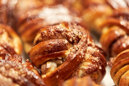 Preview: close up of buns or pies at bakery