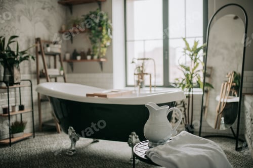 Preview: Luxurious interior bathroom in modern eco style with oval bathtub and bath water ceramic pitcher