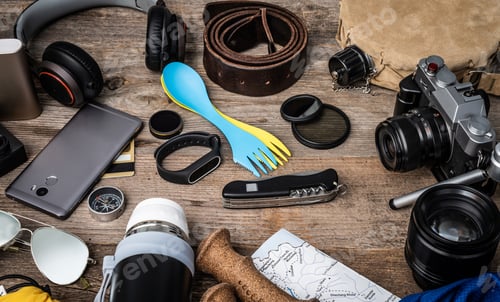 Preview: Travelling equipment wooden background