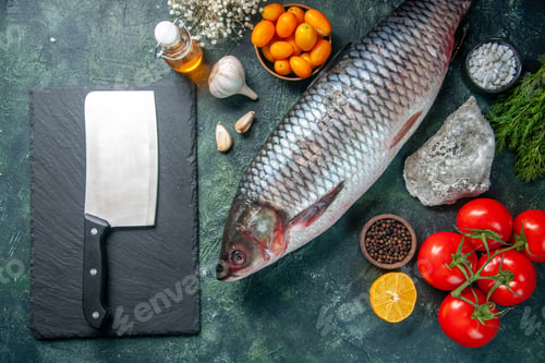 Preview: top view fresh raw fish with red tomatoes on dark background food health water fish color meal
