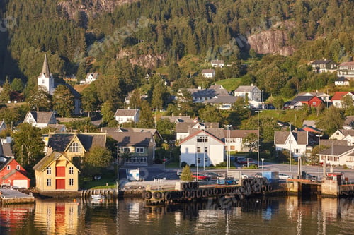 Preview: Traditional norwegian fjord village with harbor. Jondal. Hardanger route. Horizontal