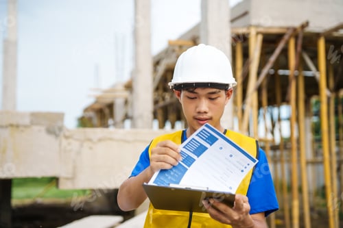 Preview: An architect, wearing a hardhat and safety vest, checks a laptop and house plan paper clipboard