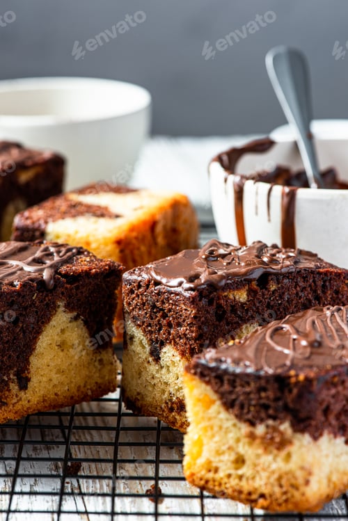 Preview: Marble cake slices on cooling tray. Sweet food dessert