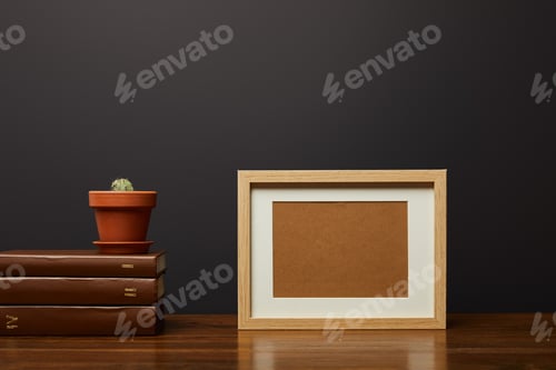 Preview: cactus in pot on books near blank frame