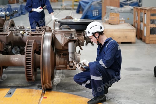 Preview: Two Technicians or Engineers Checking and maintaining Machine Equipment of train in station.