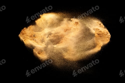 Preview: Brown colored sand splash.Dry river sand explosion isolated on black background.