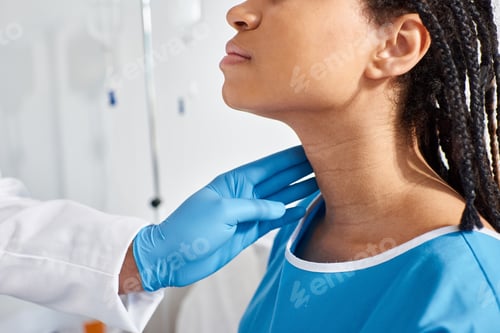 Preview: cropped view of sick african american woman when her indian doctor examining her lymph nodes
