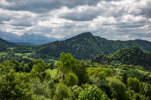 Preview: Panoramic view on Pieniny Mountains range and High Tatras from Palenica in Szczawnica, Poland