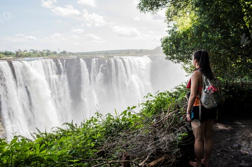 Preview: Young female tourist looking out at Victoria Falls, Zimbabwe, Africa