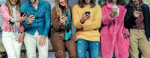 Preview: Happy friends using smartphones concept