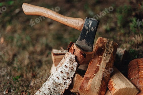 Preview: shopping fire wood, axe in a piece of firewood next to fire