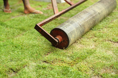 Preview: Closeup heavy steel drum for pressing the lawn field during growing the grass