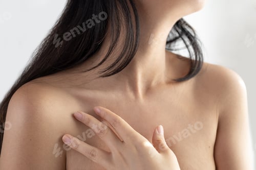 Preview: Shoulders and neck of a beautiful young woman. Pretty model girl with perfect fresh clean skin. Beau