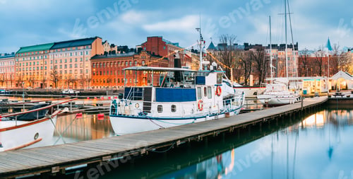 Preview: Helsinki, Finland. Pleasure Boat In Evening Illumination At The
