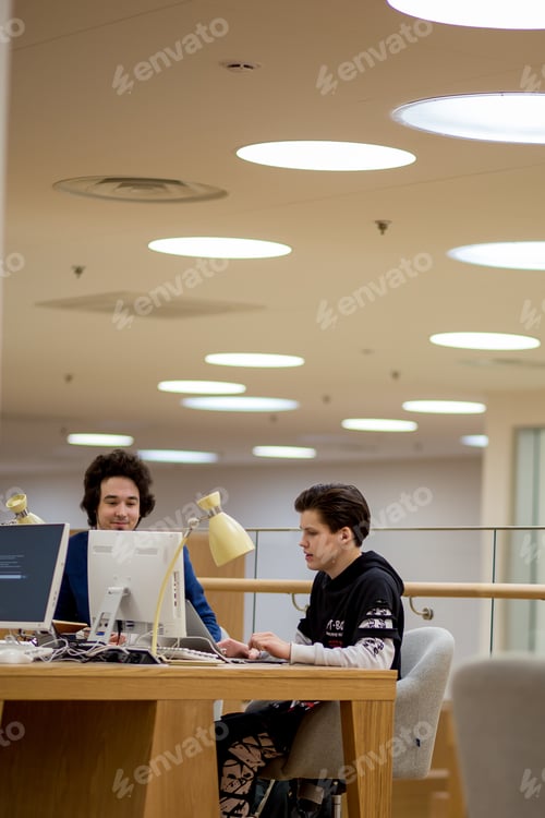 Preview: there are two young guys studying in the library. Students prepare lectures