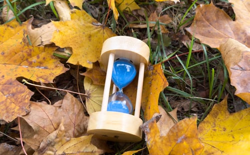Preview: Hourglass with autumn leaves on bench in park, closeup