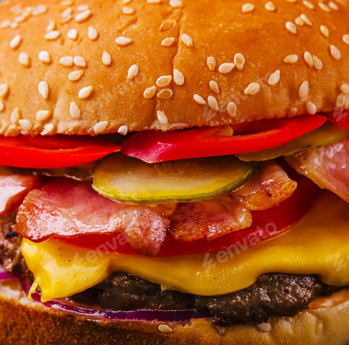 Preview: Bacon burger with beef patty close up or macro