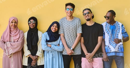 Preview: Urban Unity: Vibrant Diversity People in Front of the Yellow Wall