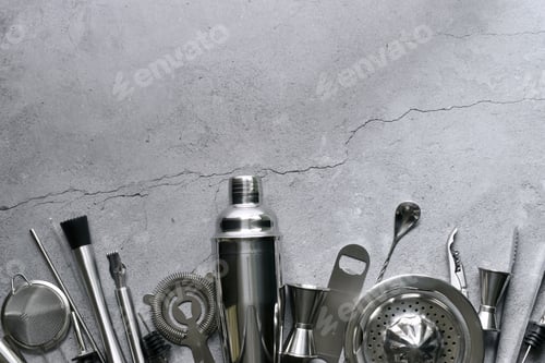 Preview: Bartender utensils flat lay background