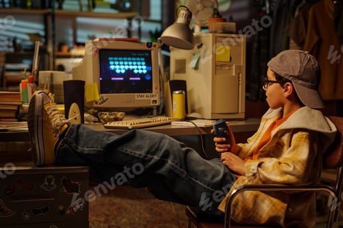 Preview: Boy Playing Video Game with Retro Computer Setup