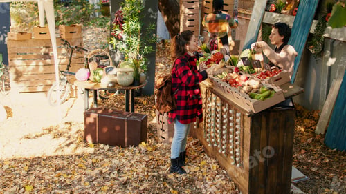 Preview: Happy stall holder putting organic produce in bag to sell to young woman