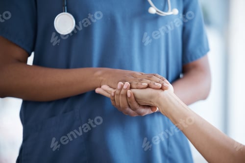 Preview: Hope, black woman or nurse holding hands in hospital consulting for medical test news or results fo