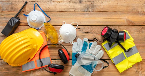 Preview: Work health and safety flat lay. Labor personal protective gear for industry and construction site.