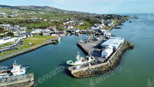 Preview: Bird's eye view of Greencastle Harbor with moored boats. Donegal, Ireland.