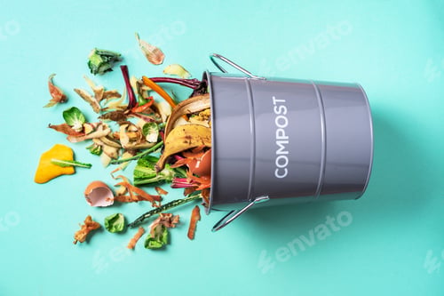 Preview: Trash bin for composting with leftover from kitchen on blue background. Top view. Recycling scarps