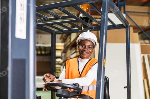 Preview: Female worker operating forklift in timber warehouse