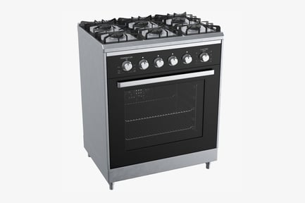 Preview: Stainless Steel Gas Range with Black Accents and Open Oven Door