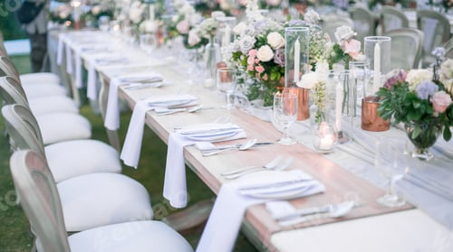 Preview: Closeup shot of a wedding reception table setting with white plates, candles and floral decorations