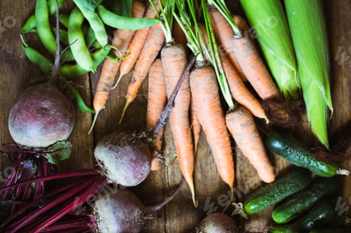 Preview: Fresh vegetables beet carrot cucumber onion pepper potato tomato. Vegetarian food. Healthy life.