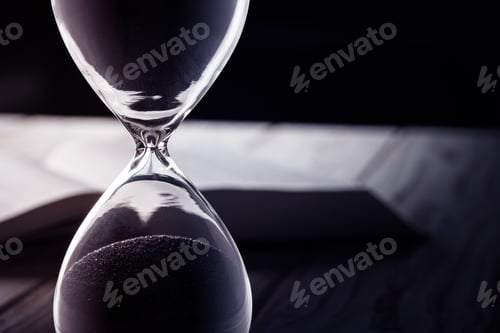 Preview: Closed up of sandglass or hourglass on background of book